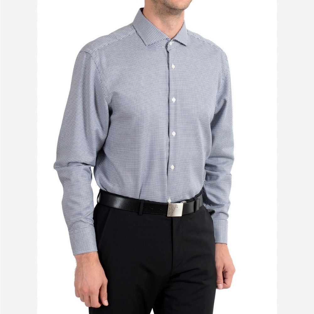 HUGO BOSS Blue & White Check Sharp Shirt 18 34/35 Cotton Like New Wedding EUC